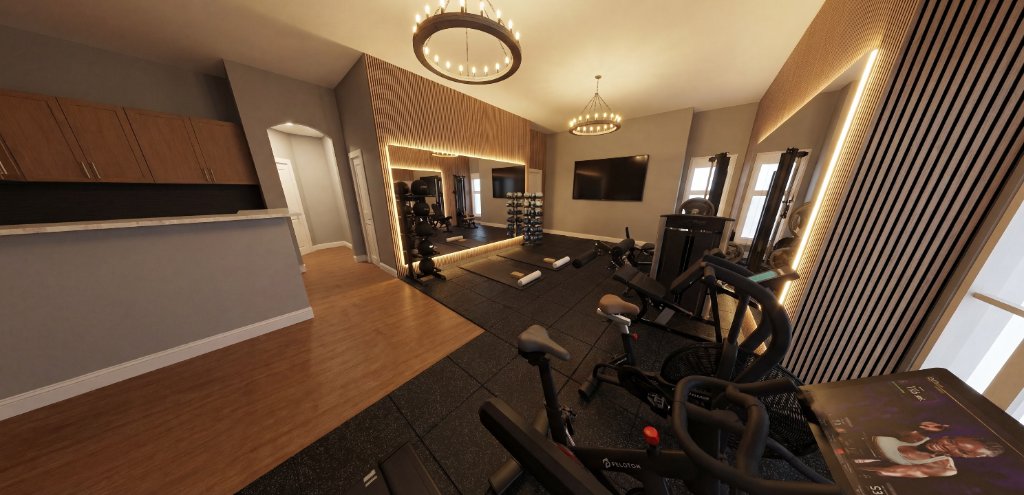 Wide-angle interior render of Highland Park media room gym showing Peloton bikes, chandelier, dumbbell rack, TV wall and walnut slat walls