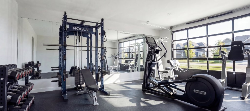 Renovated garage gym with Rogue power rack, Precor elliptical, dumbbell rack and full-wall mirrors