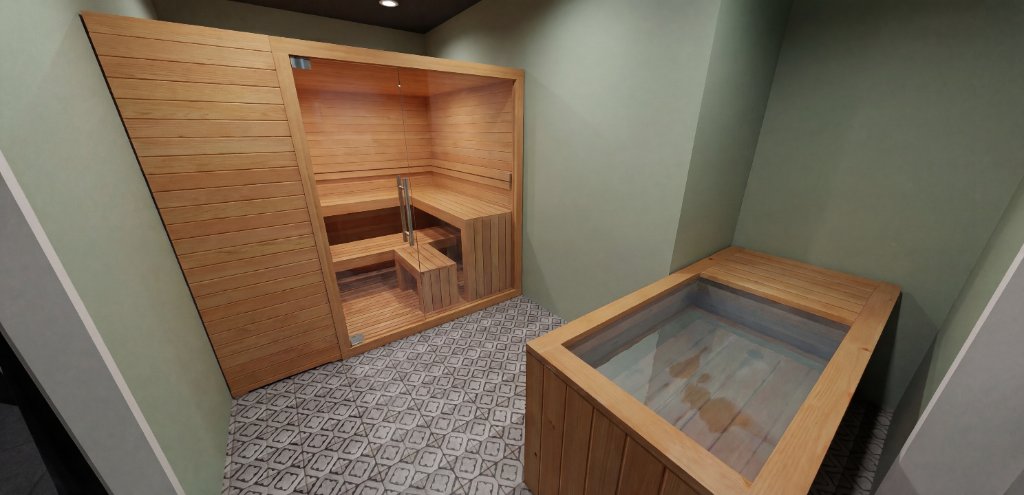 Cedar sauna and cold plunge recovery suite with decorative tile flooring in the Preston Hollow wellness retreat
