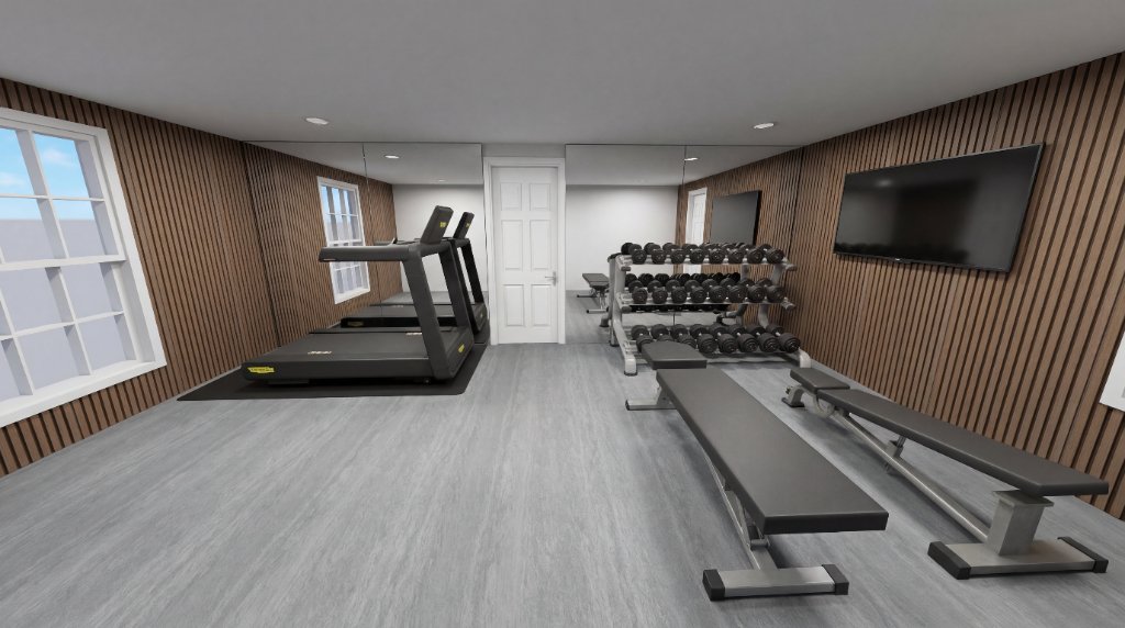 Free weight and strength zone in Back House Wellness with dumbbell racks, functional trainer and wood slat walls