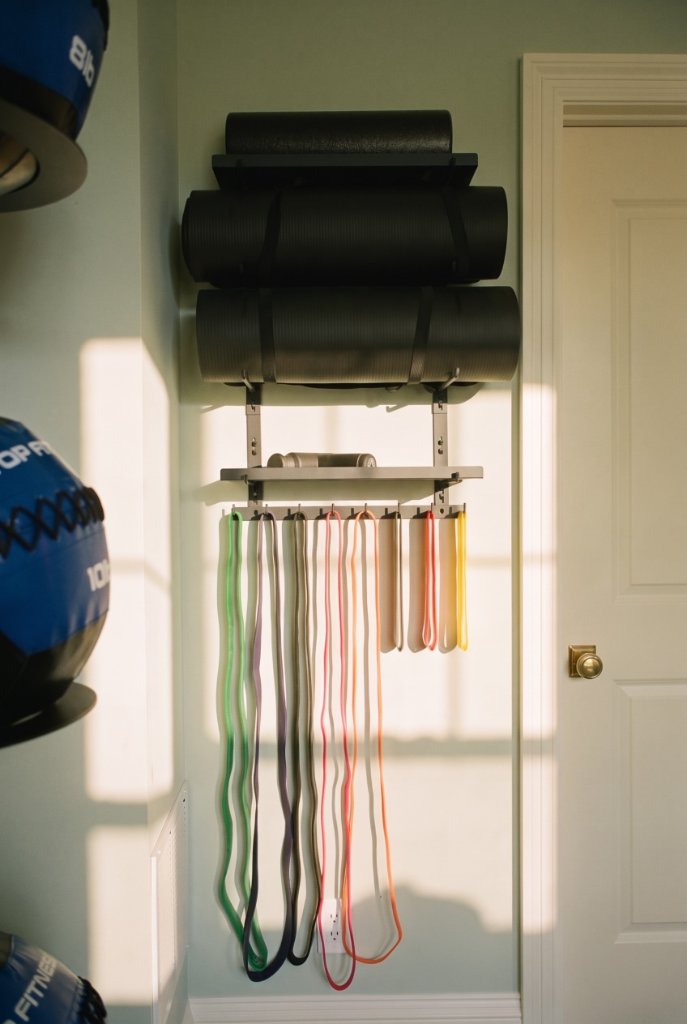 Storage and resistance band organization wall in the Oak & Iron gym with yoga mats, foam roller and hanging resistance bands