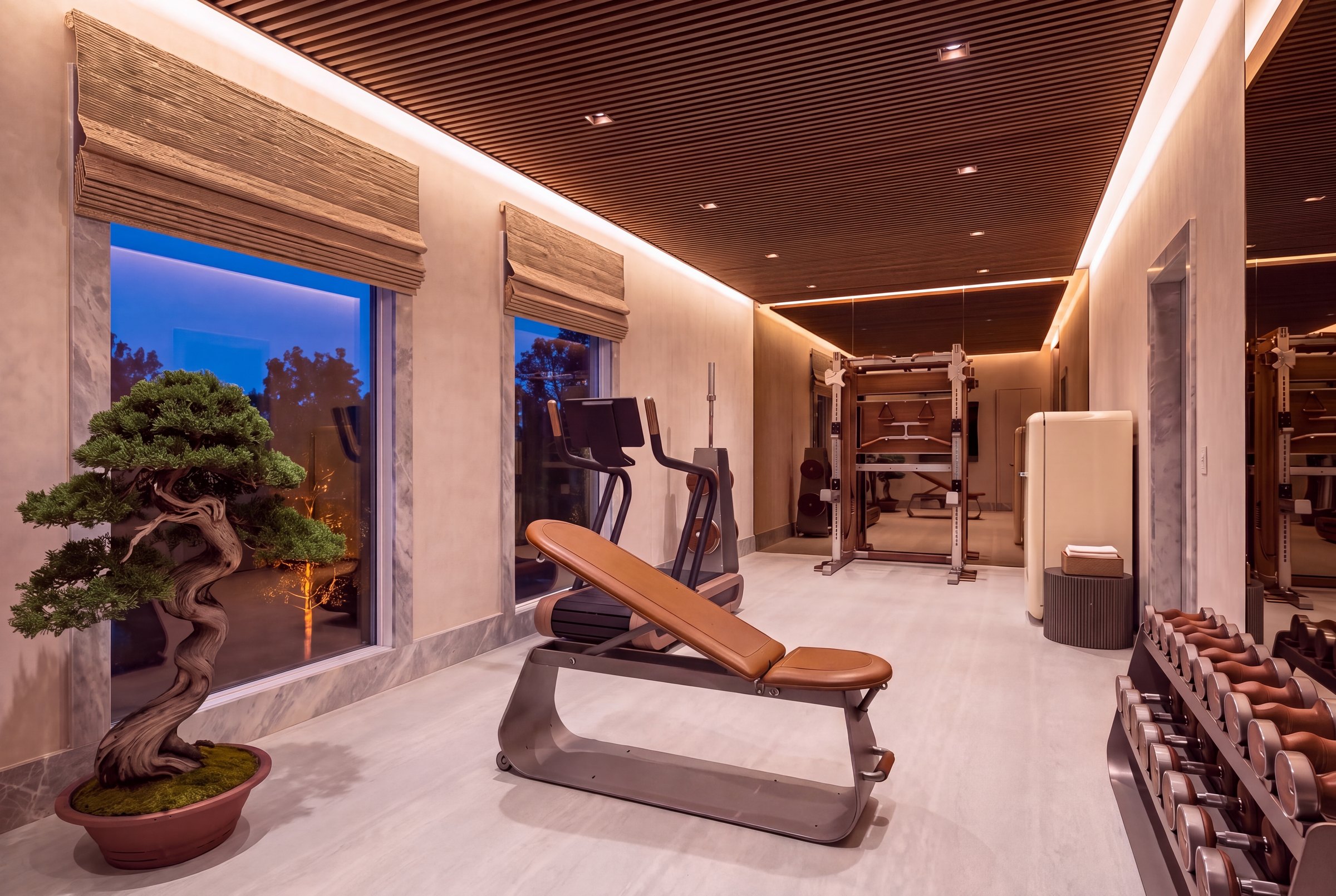 Rendering of Tanren, the Platinum Gym Design home gym at Kips Bay Decorator Show House Dallas 2026: a living tree beside stone-cased windows with natural fiber Roman shades, a walnut and leather adjustable bench, walnut slat ceiling with integrated lighting, bronze mirror wall and a walnut Salusia Atelier half rack beyond