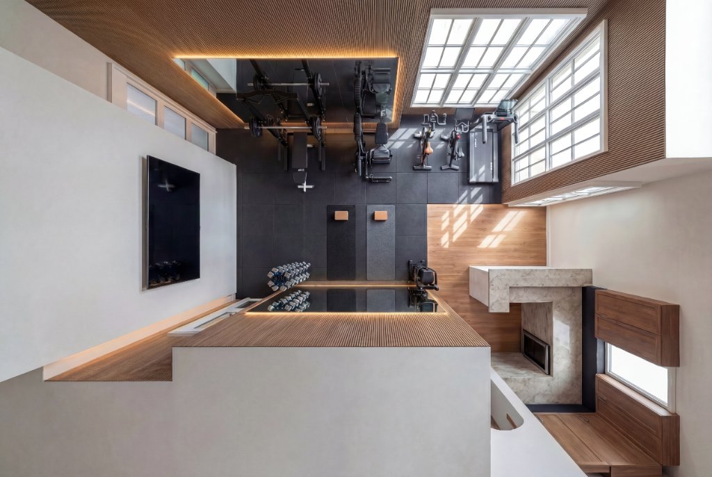 Overhead real photo of Highland Park media room gym showing spin bikes, treadmill, dumbbell rack, large TV wall with LED lighting and walnut wood ceiling