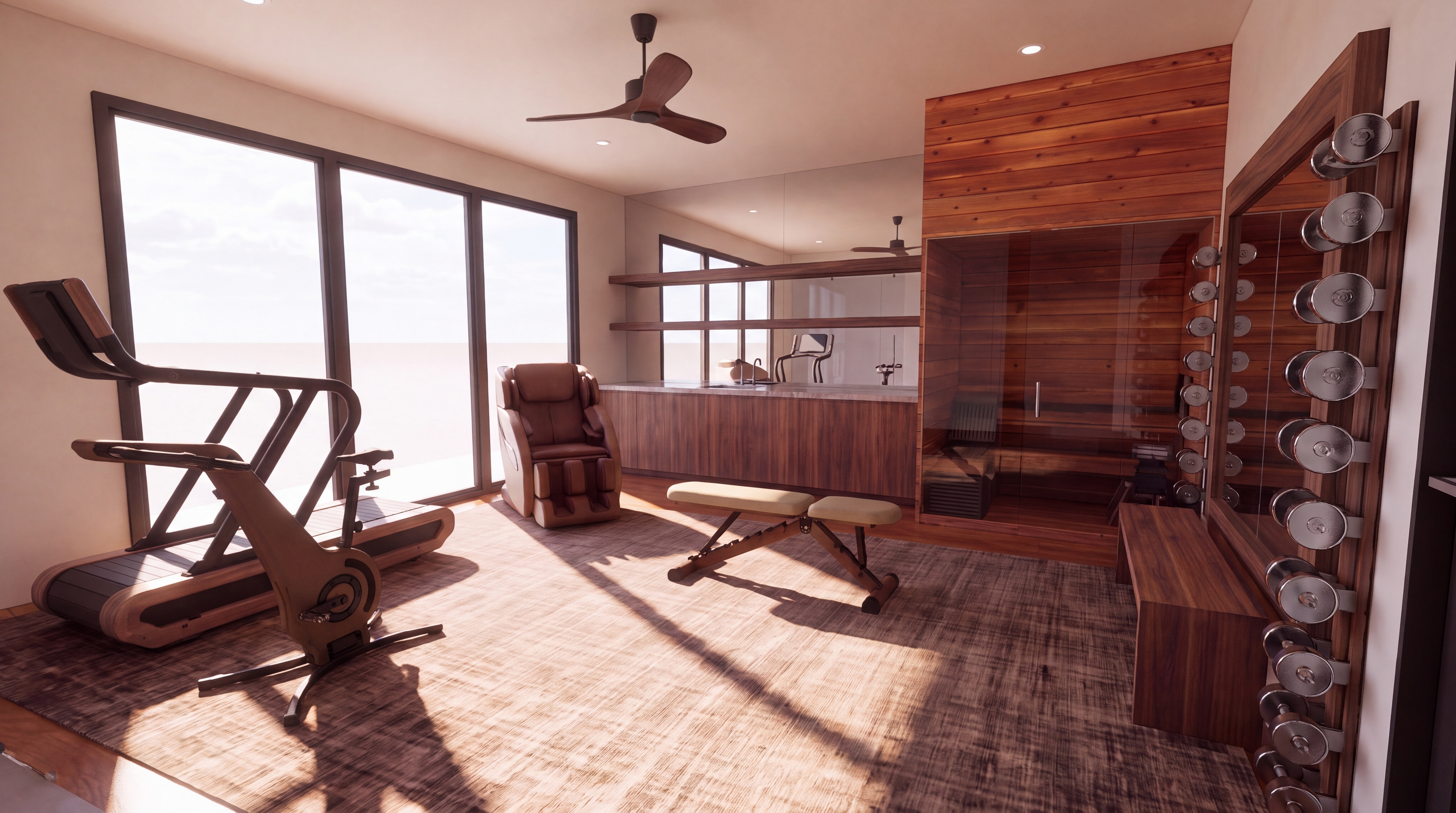 The Pavillion home gym in Westlake featuring a cedar Sunlighten infrared sauna, Paragon Diabolo dumbbell wall racks, wood-framed bronze mirror, NOHrD treadmill and bike, and PENT adjustable bench