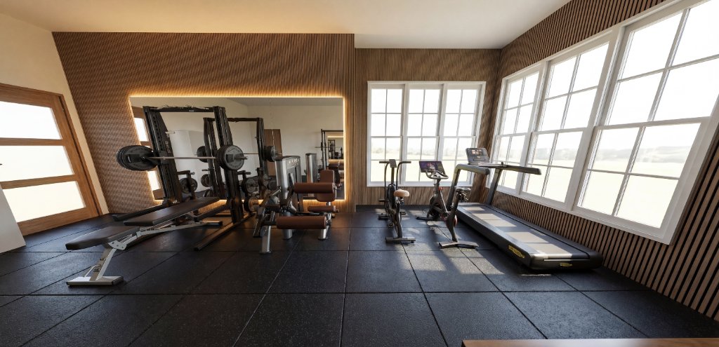 Highland Park gym strength zone with Technogym rack, adjustable bench, spin bike and treadmill along large windows with walnut slat walls