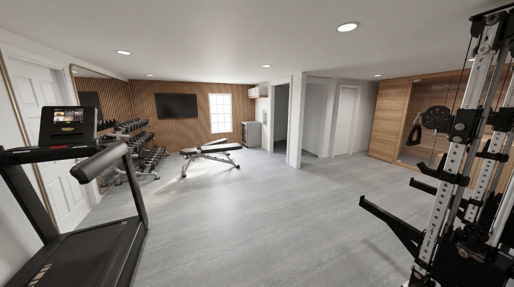 Cardio zone of Back House Wellness showing treadmill, stairclimber, spin bike and large windows