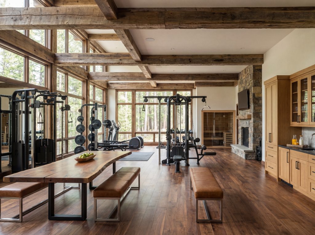 Luxury private home gym with premium equipment, custom flooring and custom interior design