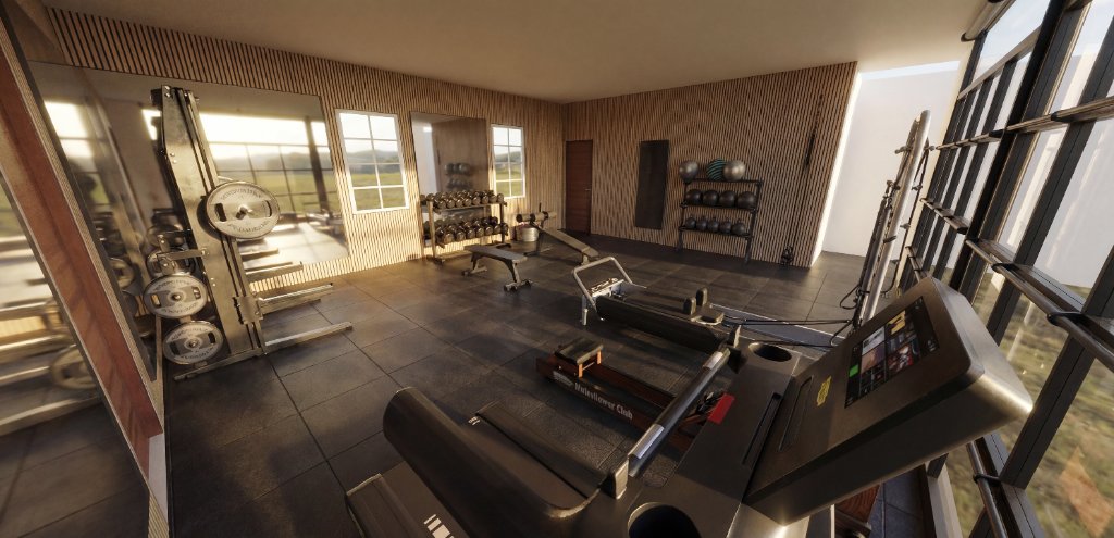 Overhead floor plan render of West Texas Sweat home gym showing full equipment layout with performance tile flooring and walnut slat walls