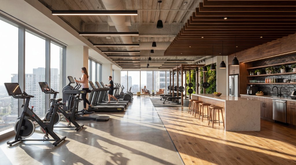 Modern commercial gym with floor-to-ceiling windows, treadmills, spin bikes, living wall and wellness bar