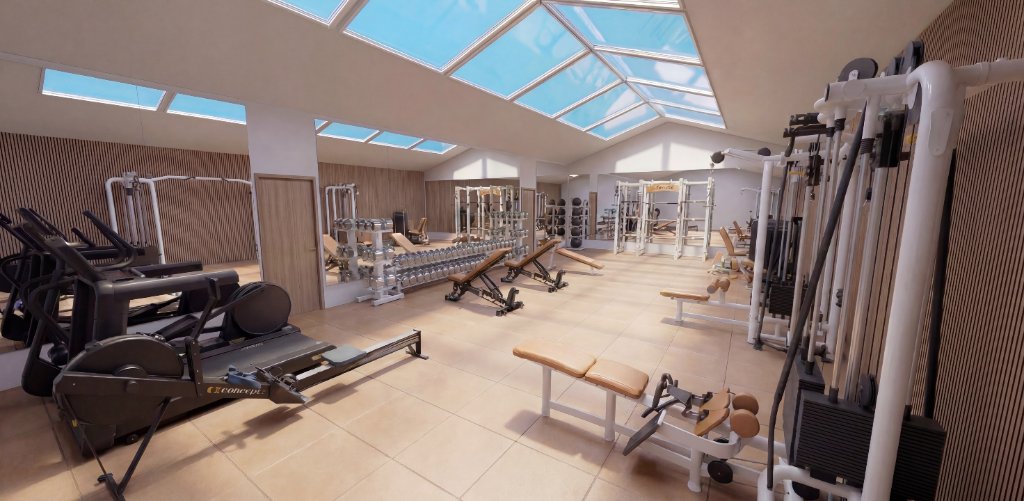 Luxury fitness facility with natural skylight and modern equipment