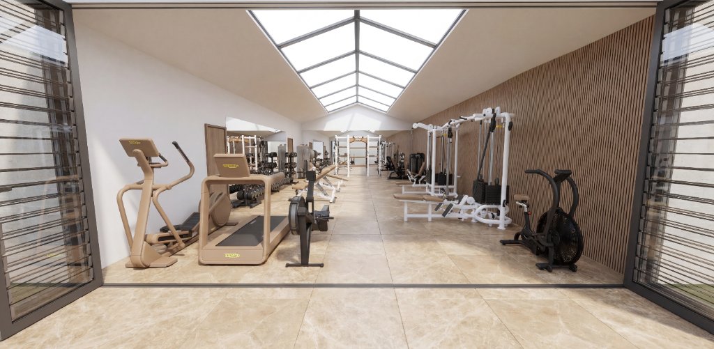 Luxury private gym with vaulted skylights, full cardio suite and custom strength equipment — the new standard in wellness real estate