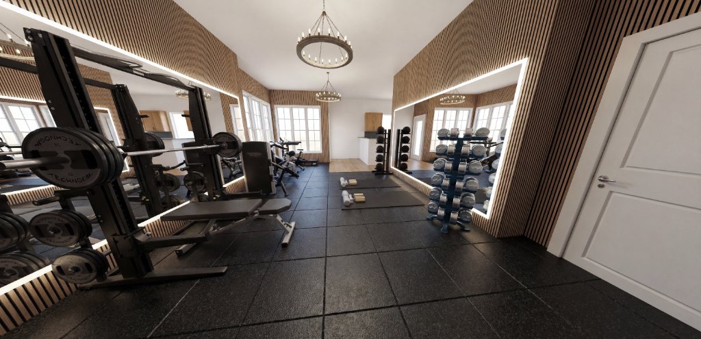 Full-length view of Highland Park media room gym showing Technogym rack, dumbbell rack in LED-backlit mirror and chandelier overhead