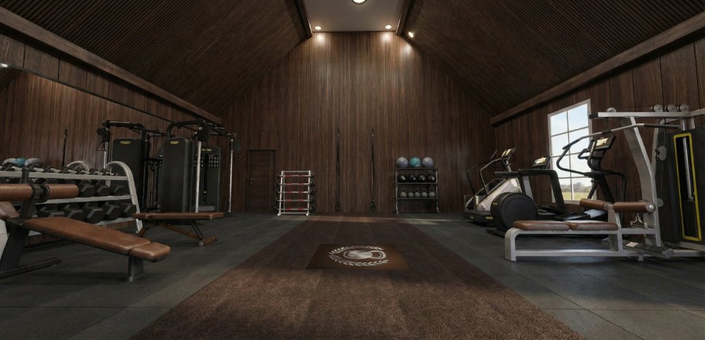 Strength zone of Highland Park estate gym featuring squat rack, Smith machine and plate-loaded stations
