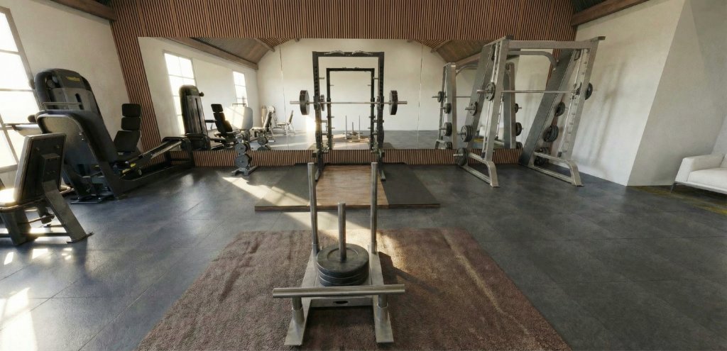 Cardio zone with treadmill, stairclimber and elliptical overlooking grounds through casement windows