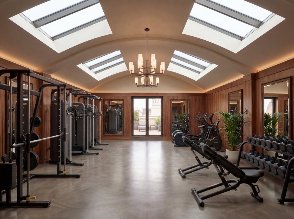 Modern hotel gym with premium equipment and floor-to-ceiling windows