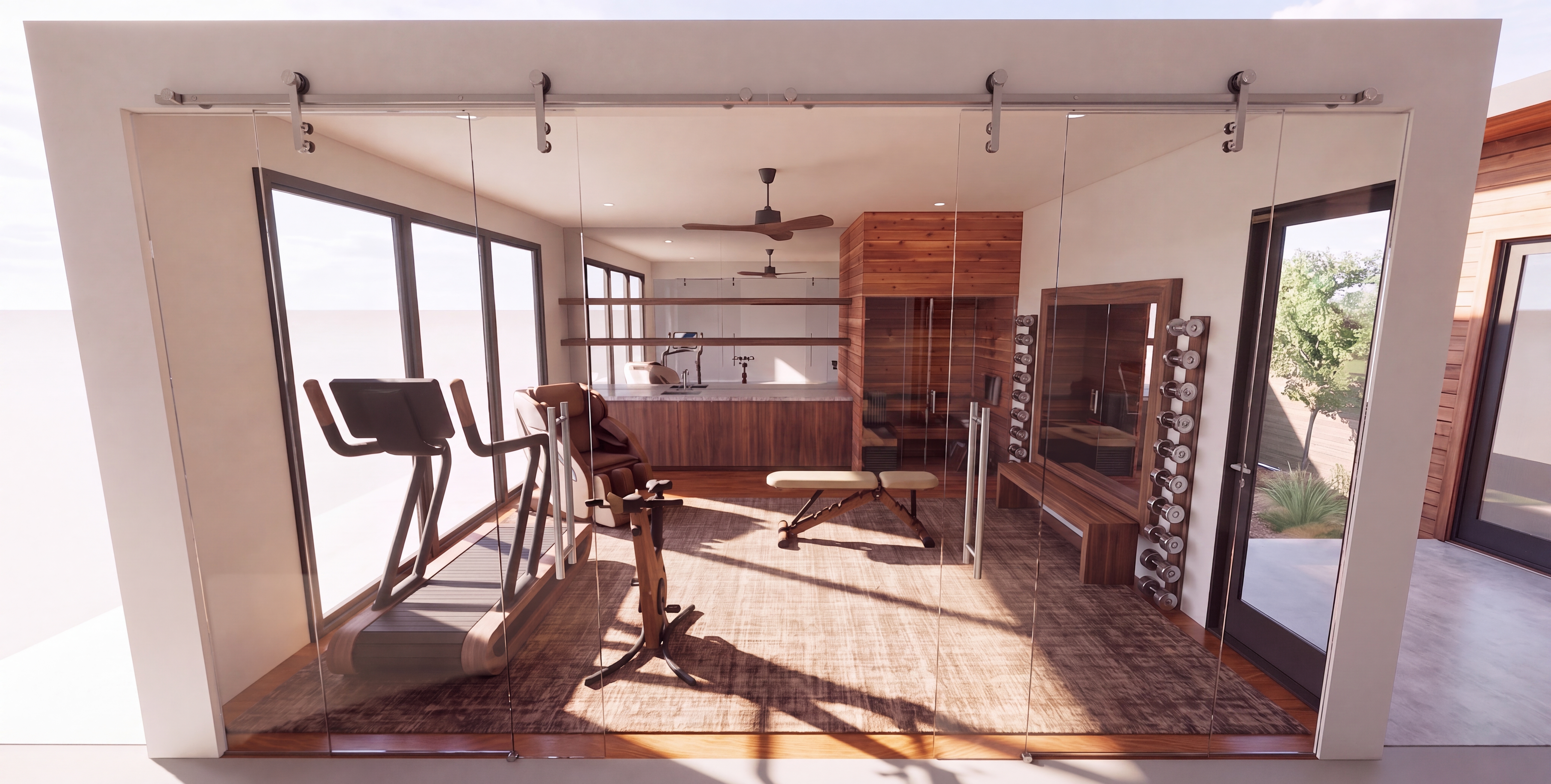 Luxury walnut-clad home gym in Westlake with NOHrD Citius treadmill and Bike V2, PENT bench, Paragon Diabolo dumbbell racks framing a wood-framed bronze mirror, and a cedar Sunlighten infrared sauna
