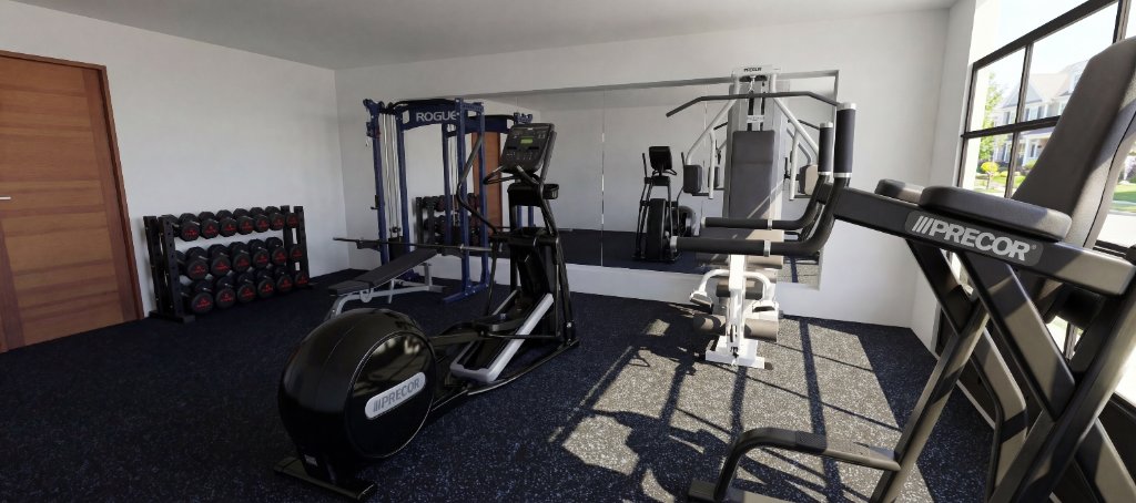 3D render of garage gym remodel showing Rogue rack, Precor elliptical, functional trainer, dumbbell rack and dark rubber flooring