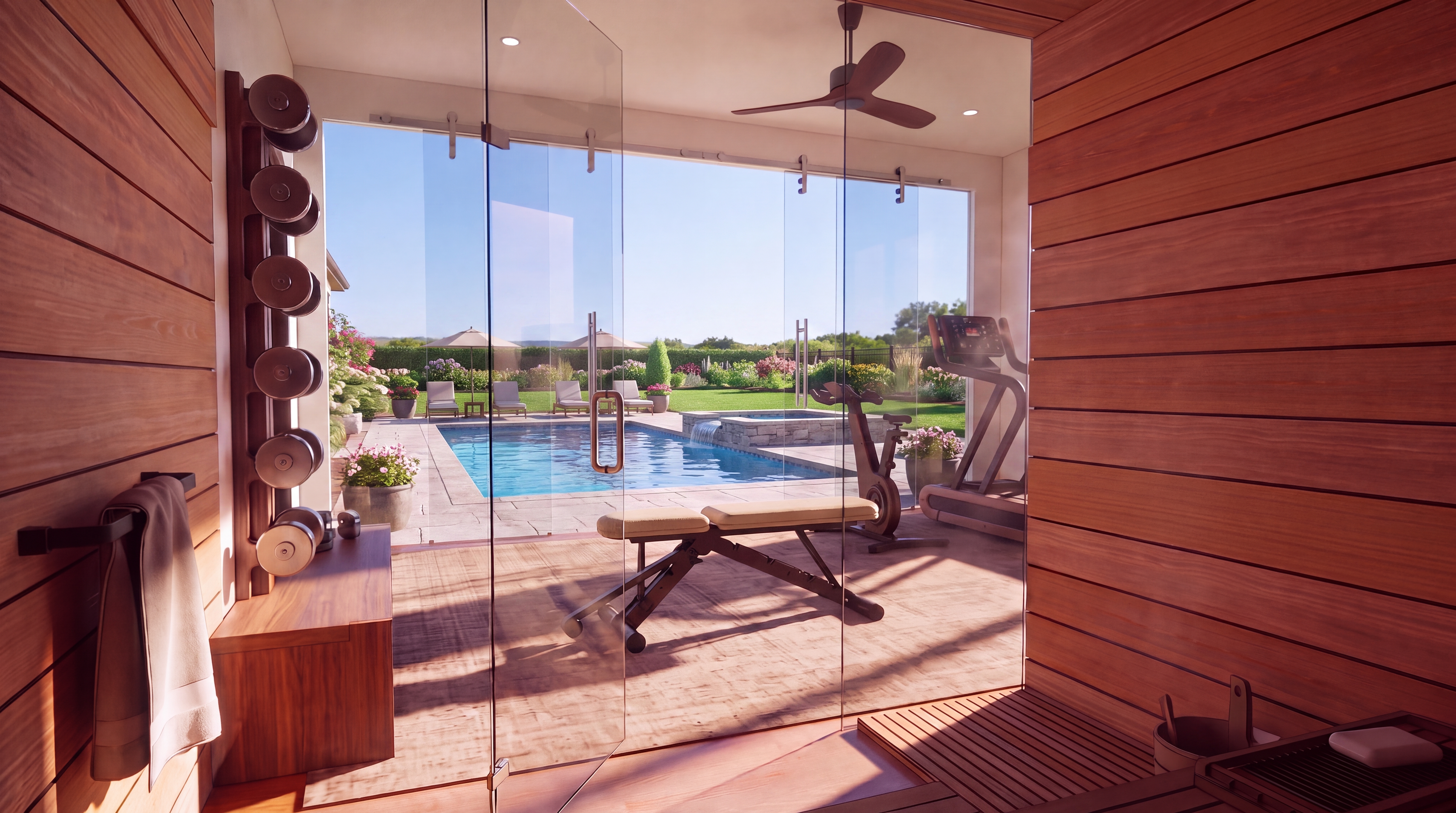 View from inside the cedar Sunlighten sauna in The Pavillion gym, looking out through glass to the walnut-clad training space and outdoor pool beyond