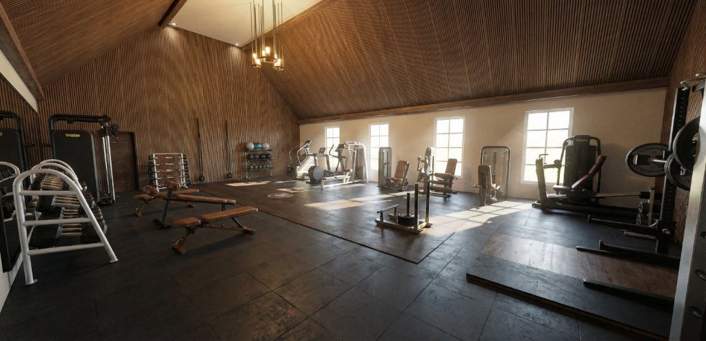 The Palestra — luxury turn-key home gym in Highland Park with vaulted timber ceiling and full equipment suite