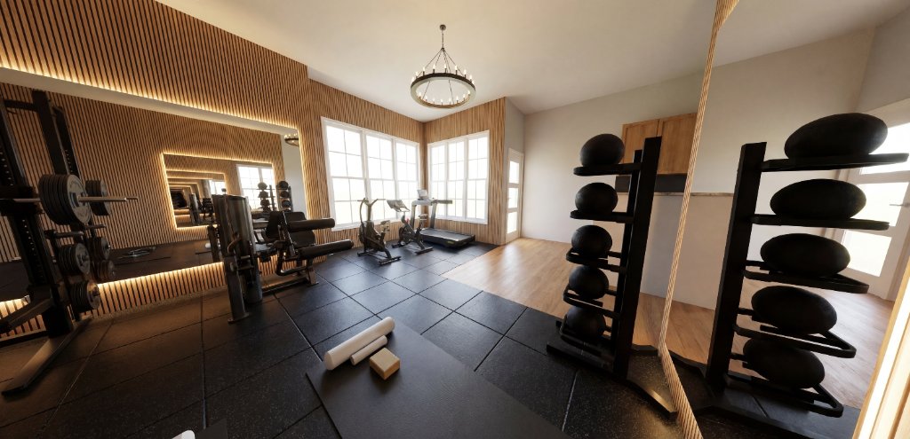 Highland Park gym accessories zone with large medicine ball rack, LED-backlit mirror, Technogym strength equipment and rubber tile flooring