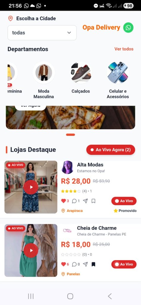 Vitrine Opa Delivery com lojas, promoções e categorias