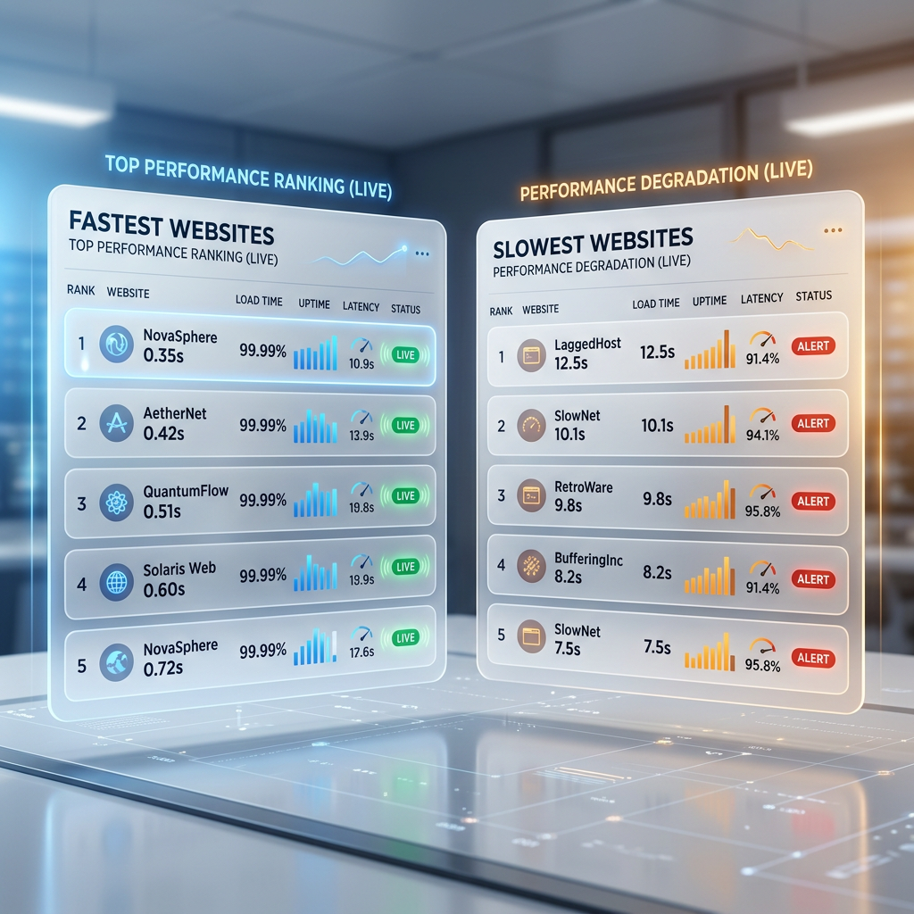 Editorial illustration showing live fastest and slowest website rankings side by side in a premium monitoring dashboard layout