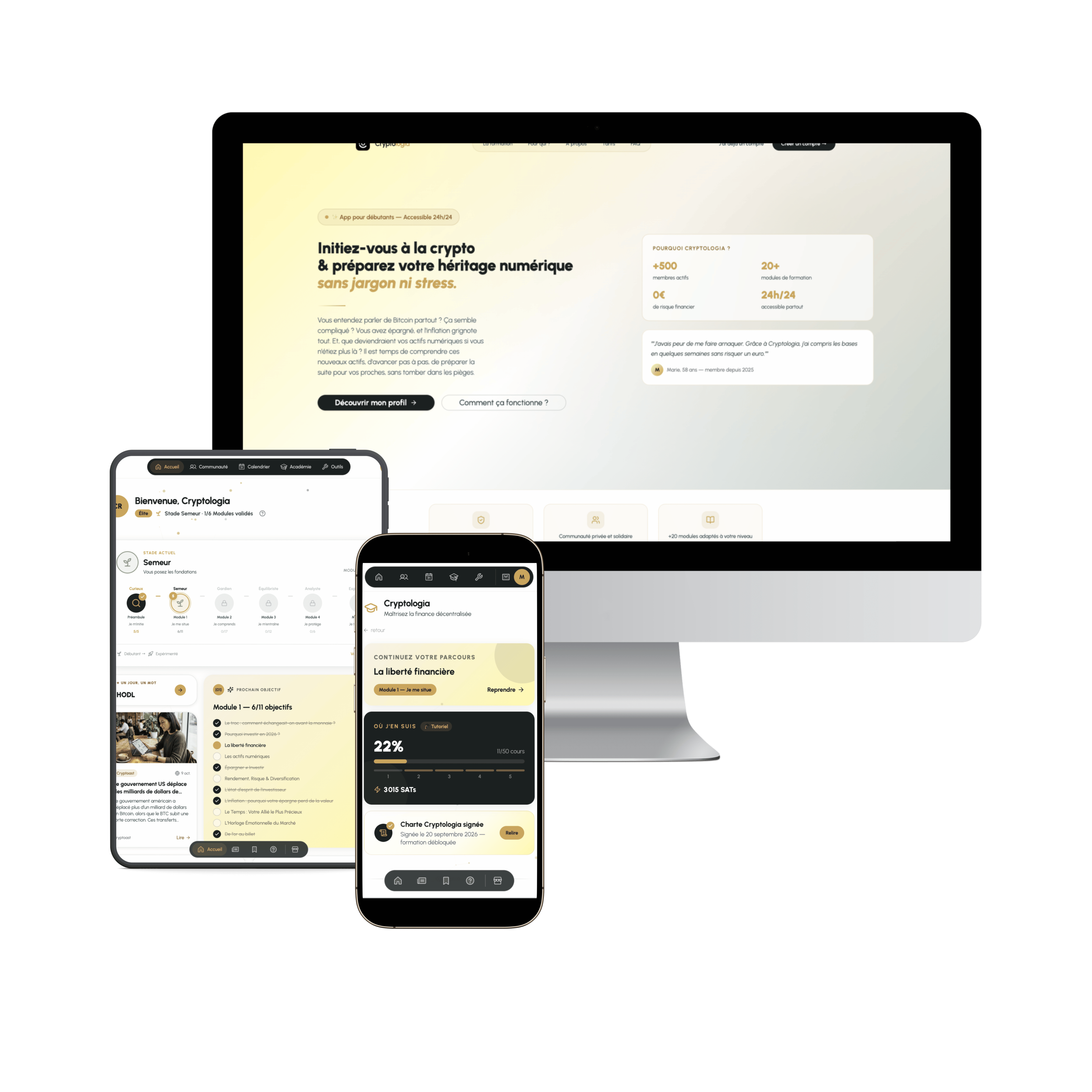 Aperçu de l'application Cryptologia sur desktop, tablette et mobile