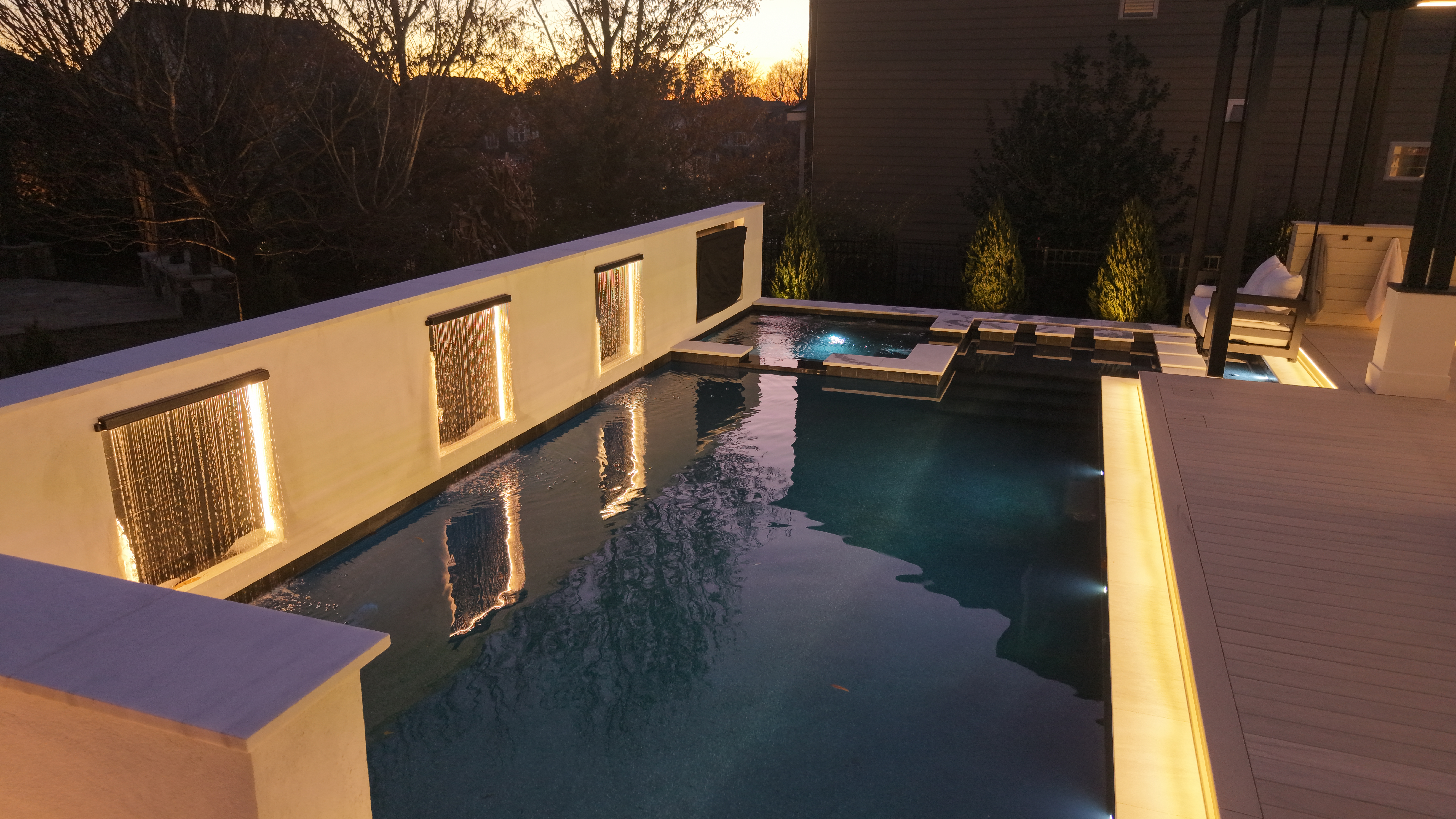 Pool Water Feature — Evening