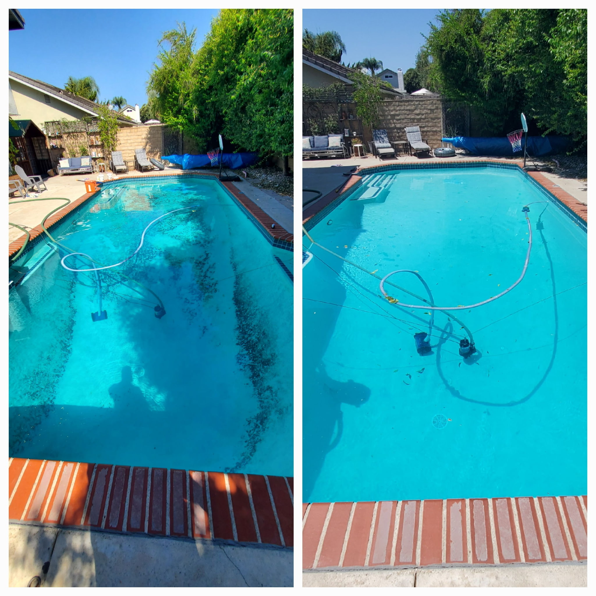 Before and after pool service — green cloudy water cleaned to clear blue