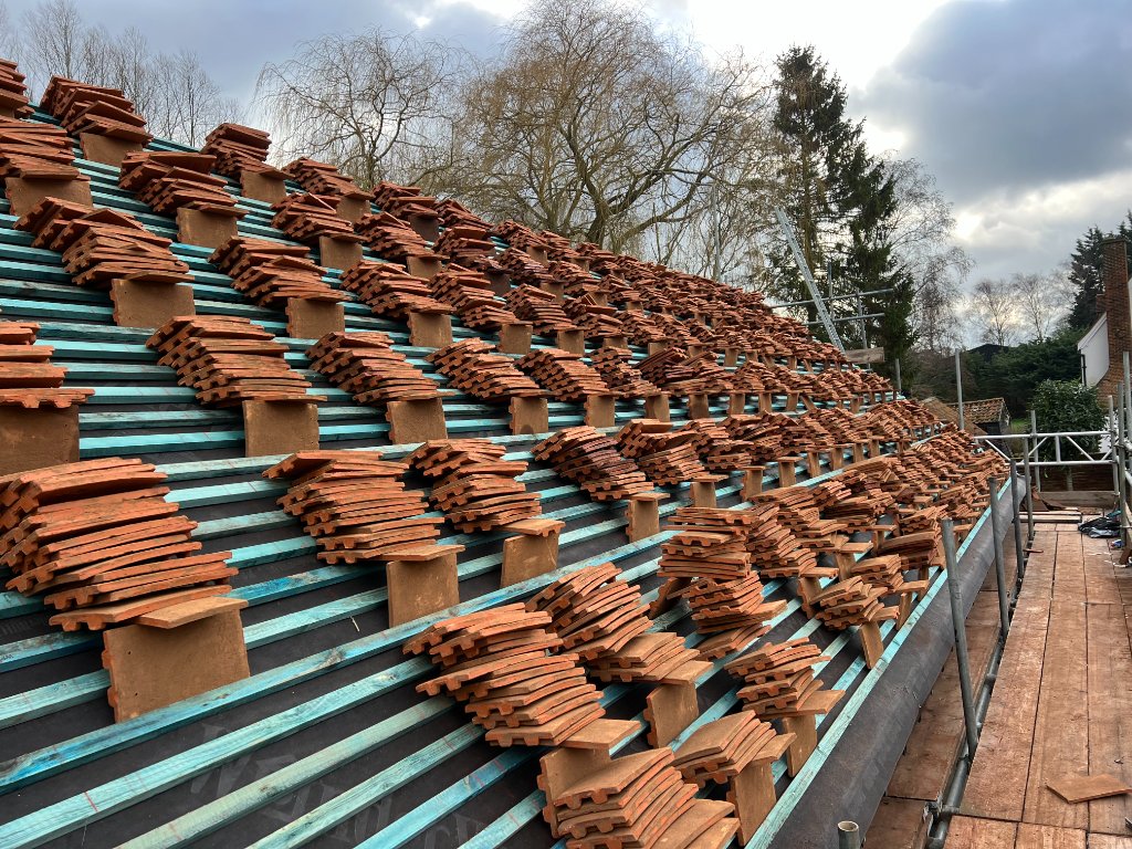 Large Barn Re-roof — Clay Tiles Stacked Ready, Hertfordshire