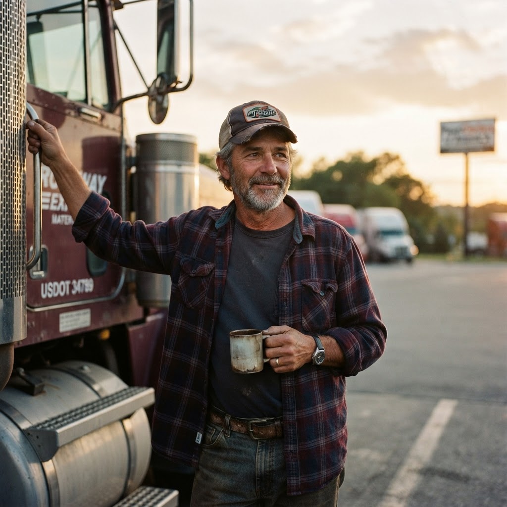 Truck driver at a rest stop during golden hour