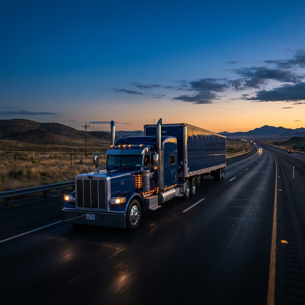 Semi-truck driving on an open highway at dusk