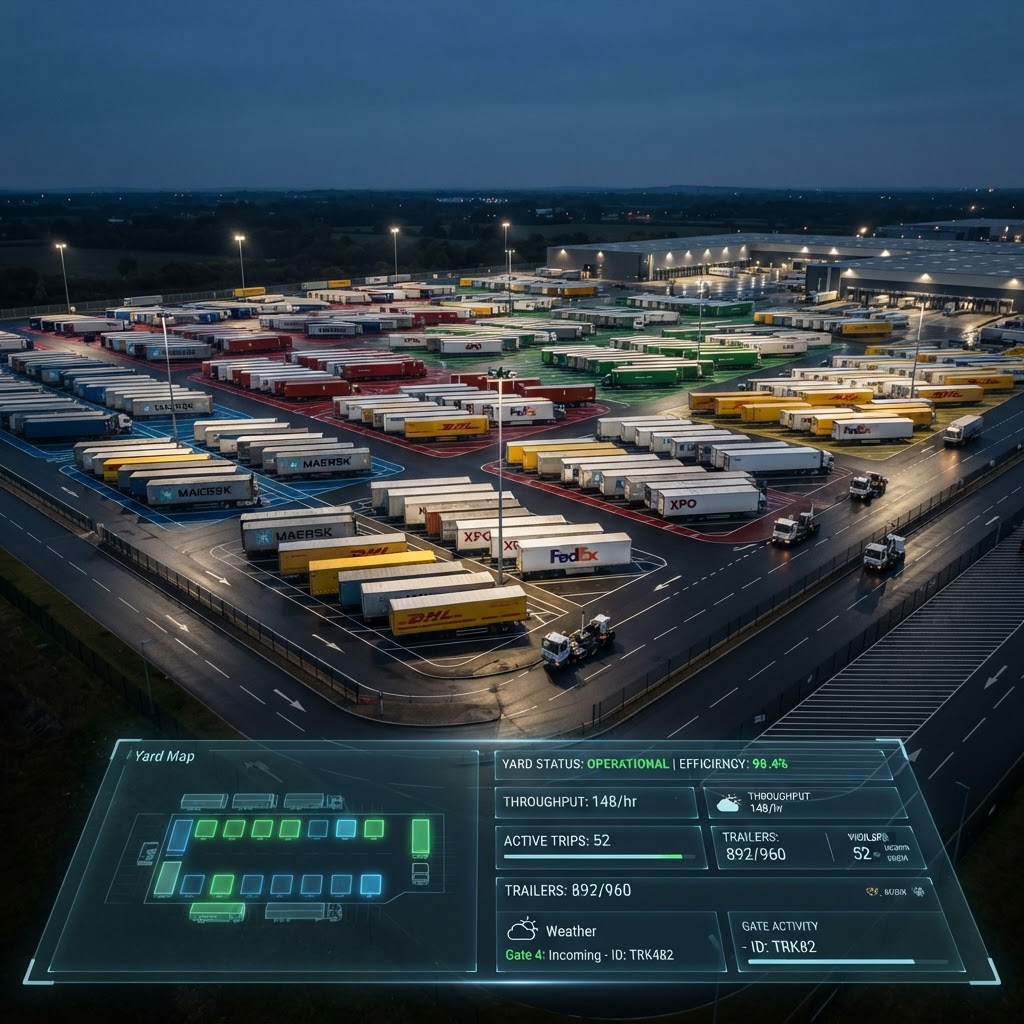 An overhead view of a perfectly organized, illuminated logistics trailer yard at dusk, representing high-tech, data-driven yard management operations.