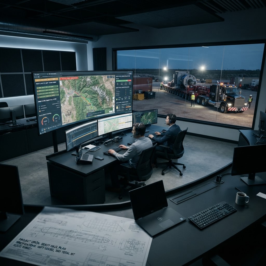 A professional logistics command center dashboard showing complex heavy-haul route planning software with data overlays for oversized transport.