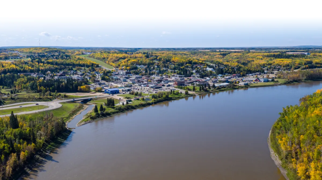 Aerial view of Athabasca town and river