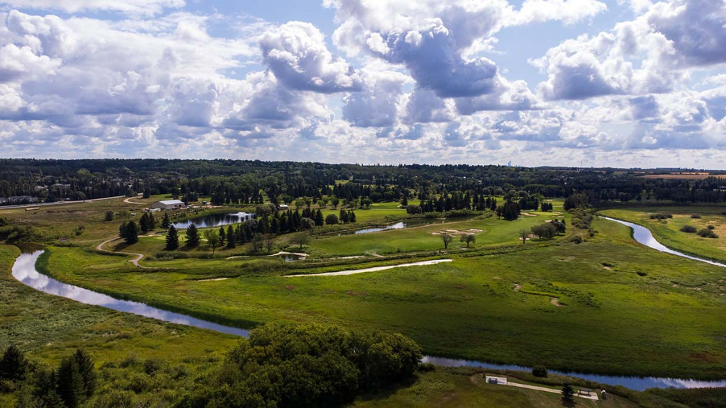 Aerial view of Sturgeon County waterways and grasslands
