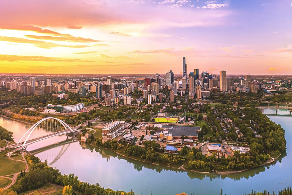 Edmonton cityscape aerial sunset