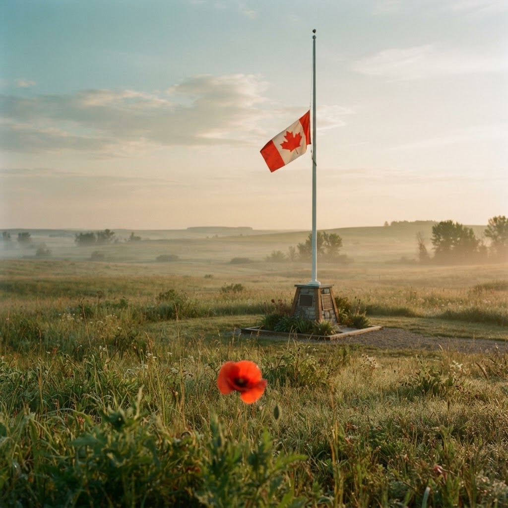 The Canadian flag at half-mast at dawn with a single red poppy, in respectful memory of CFB Wainwright