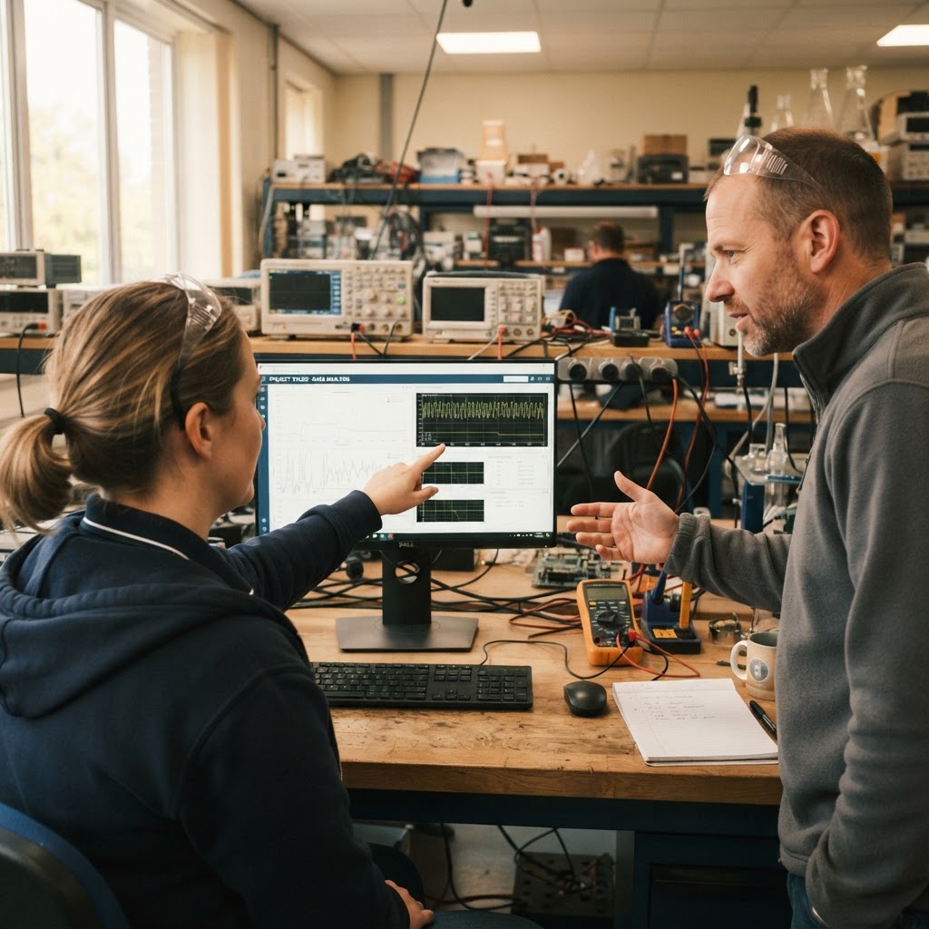 Engineer reviewing data in an industrial setting