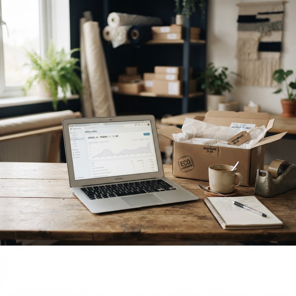 Ecommerce order packing desk with a laptop showing an online store dashboard