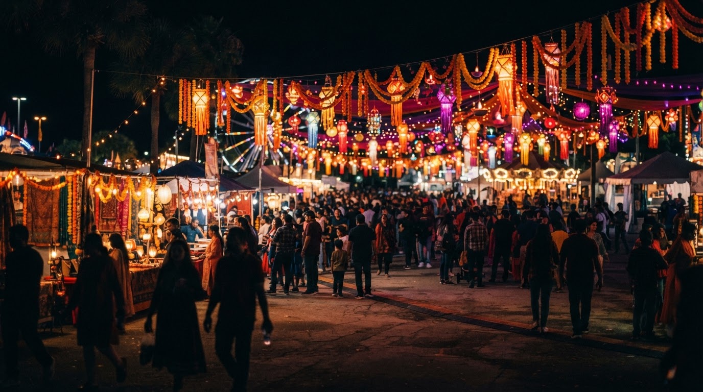 Festival fairground at night with glowing lanterns