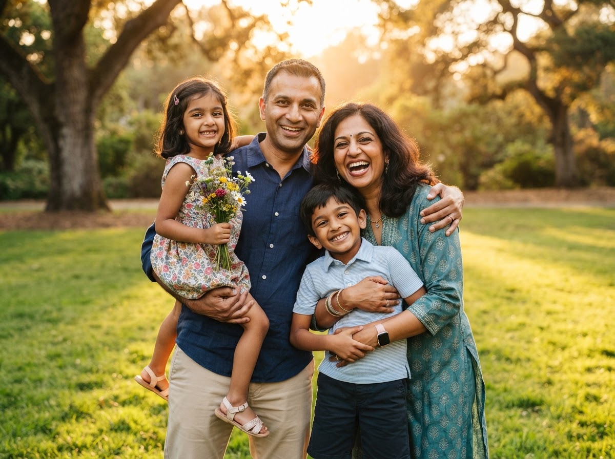 Indian-American family smiling outdoors