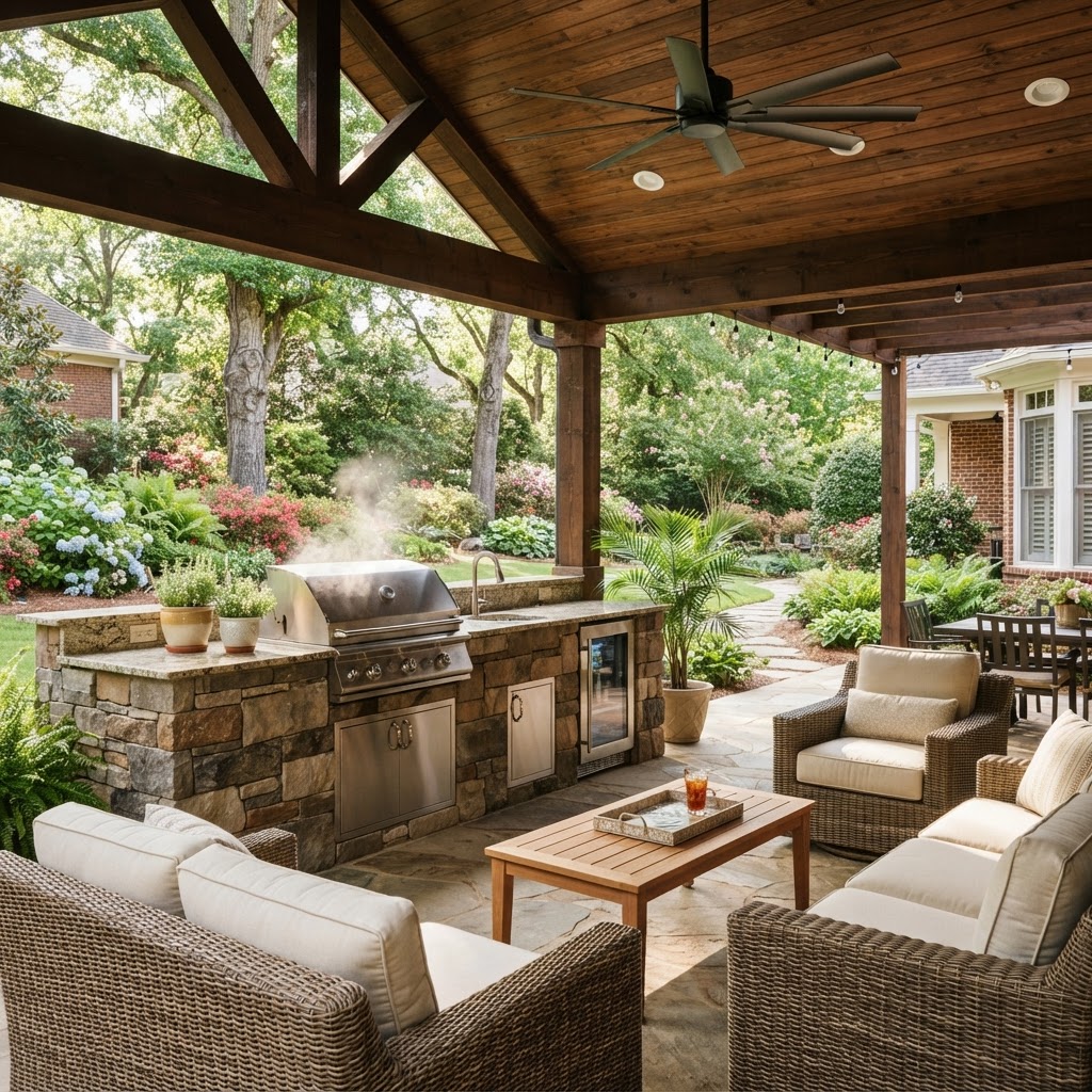 A cozy Southern patio featuring wicker furniture, colorful cushions, potted plants, and twinkling string lights for outdoor living