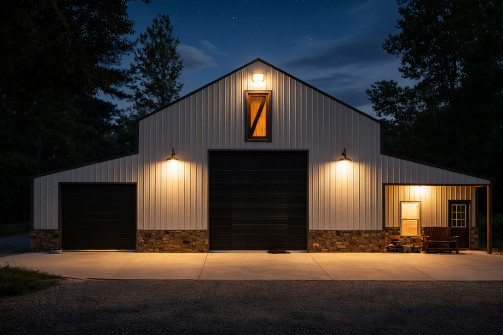 Custom barndominium exterior at dusk with warm lighting — built by Bradley Brown Inc. in Brandon, MS