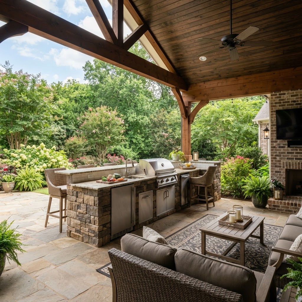 A stylish outdoor kitchen featuring a stone grill island, wooden dining table, and lush greenery, perfect for Southern living
