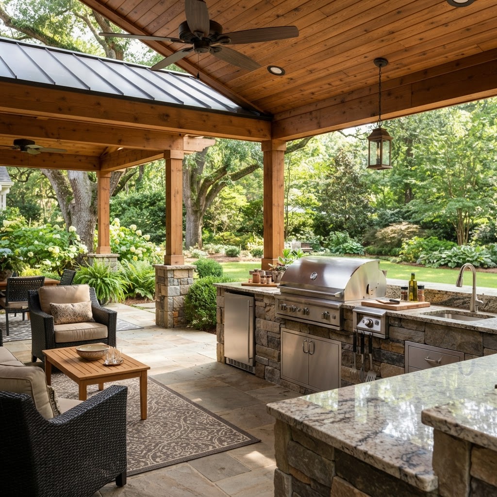 Elegant Southern outdoor kitchen with stone countertops, stainless steel appliances, and a cozy dining area under a pergola