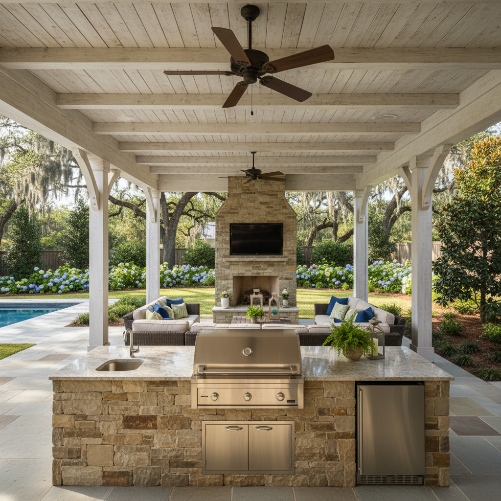 A sunny backyard featuring a decorated patio, lush greenery, and Southern-style furnishings for outdoor relaxation and entertaining