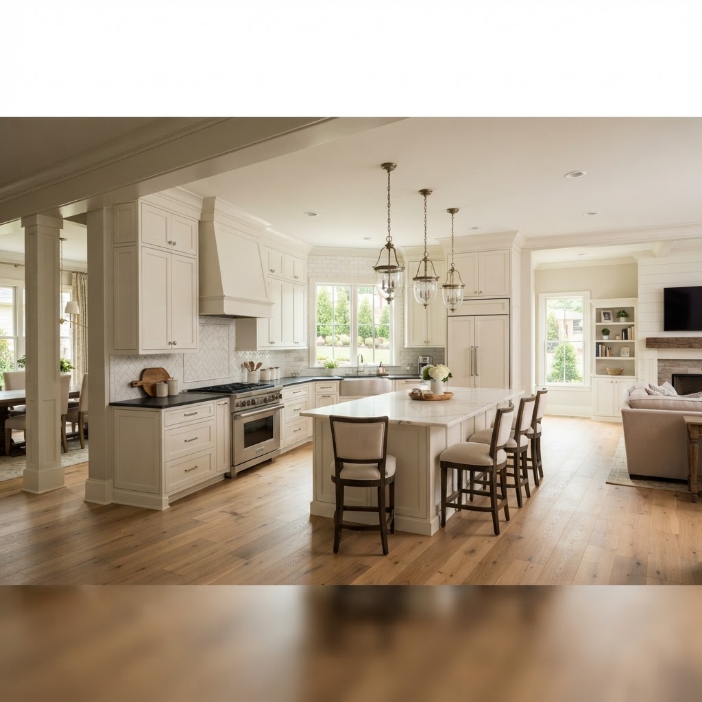 Modern kitchen showing a spacious open concept layout with an island flowing into a bright living area