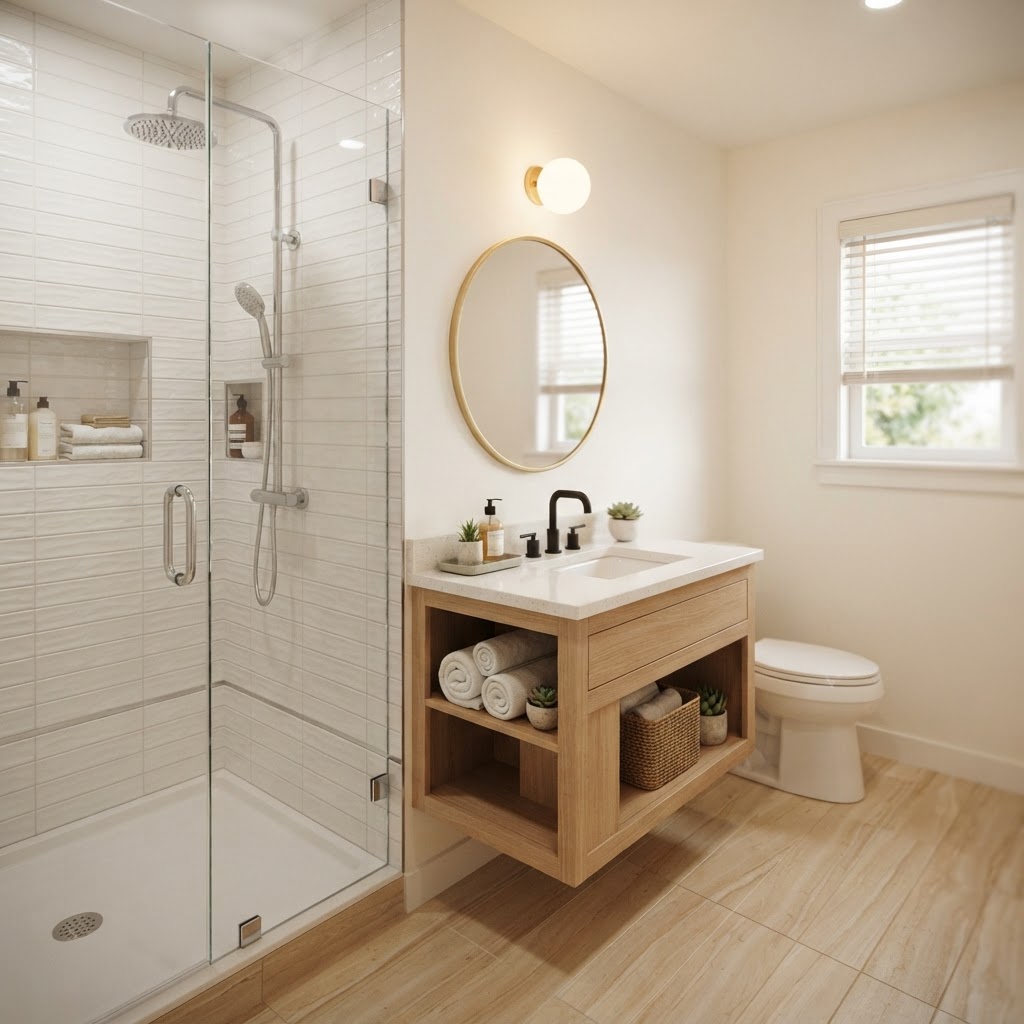 Brightly lit small bathroom featuring modern fixtures, a sleek vanity, and stylish tiles, showcasing an affordable remodel transformation