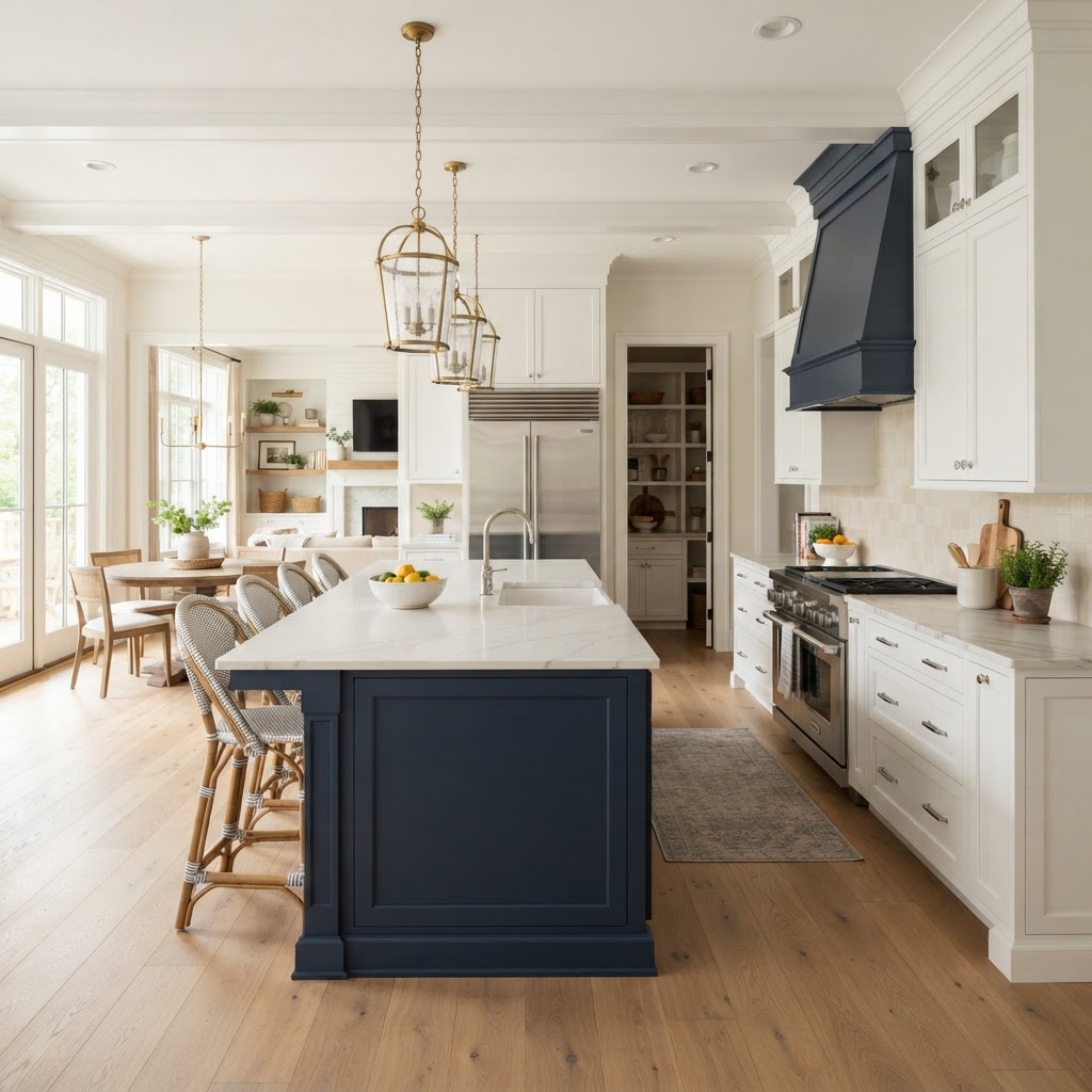 Modern transitional kitchen with white cabinets, stone countertops, and warm wood accents in a Mississippi home remodel